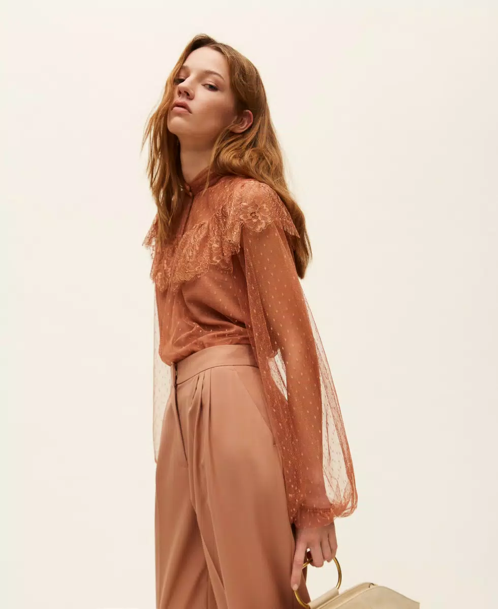 261TP2772_13168_PC Twinset blusa de tul plumetis con encaje - Imagen 1